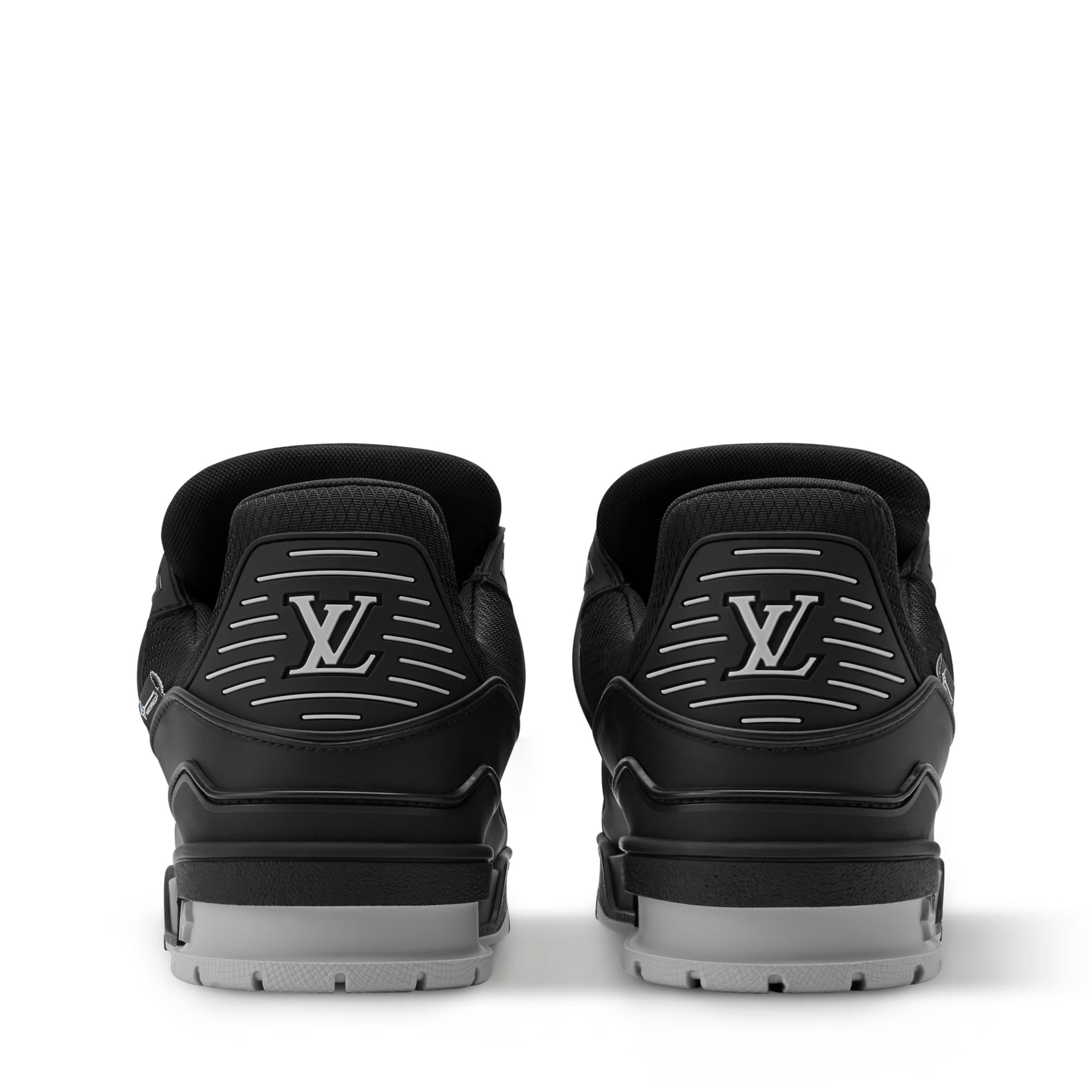 Black LV Trainer distressed sneaker heel view, LV logos and treaded chunky sole