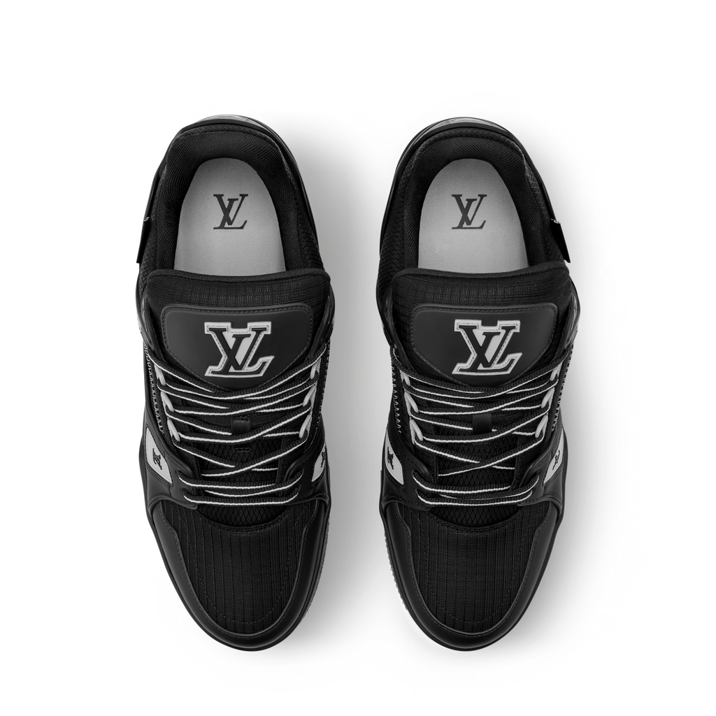 Black LV Trainer distressed sneaker pair, LV-logo tongues and laced upper