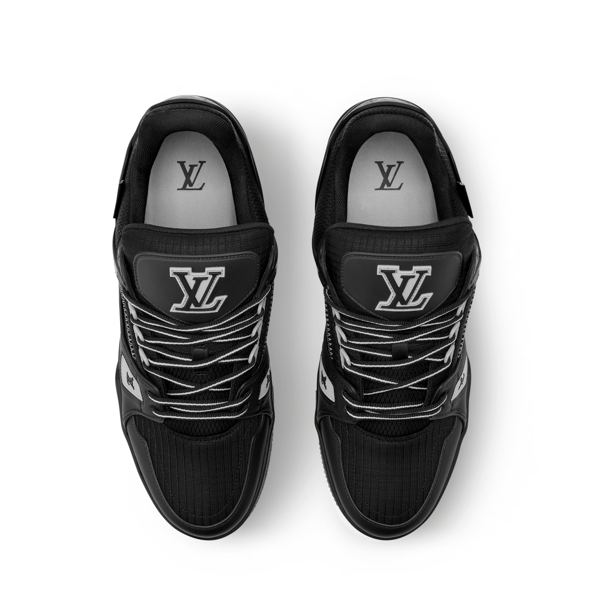 Black LV Trainer distressed sneaker pair, LV-logo tongues and laced upper