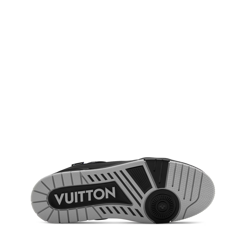 Black LV Trainer distressed sneaker outsole, gray tread with VUITTON logo