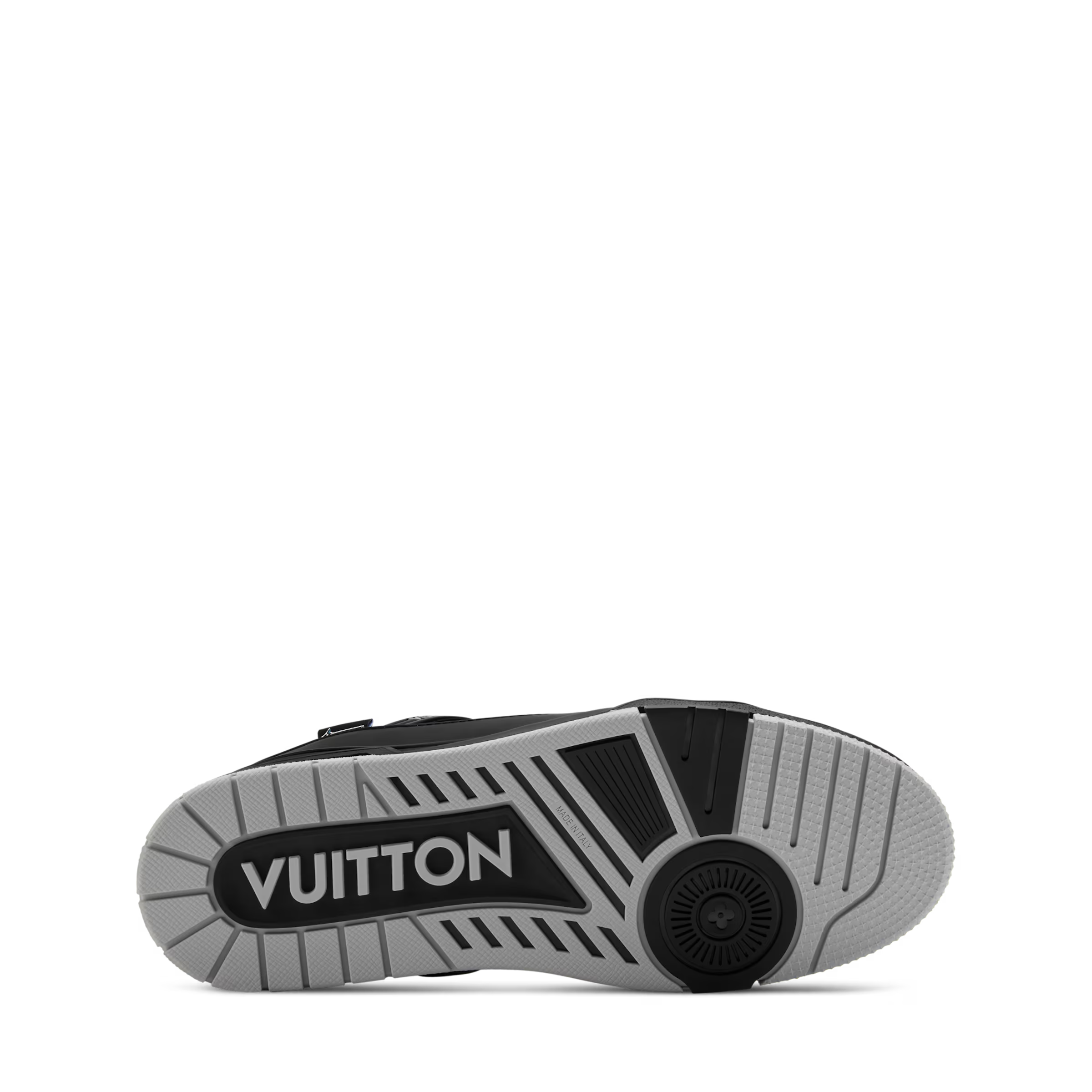 Black LV Trainer distressed sneaker outsole, gray tread with VUITTON logo