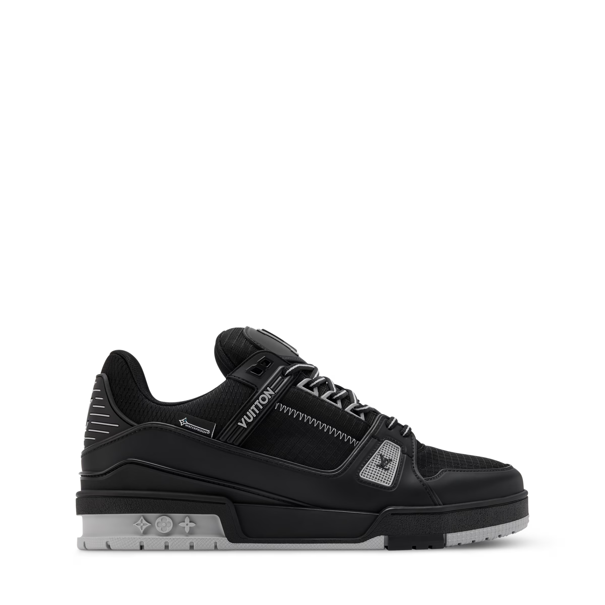 Black LV Trainer distressed sneaker side profile, textured panels and lace-up upper