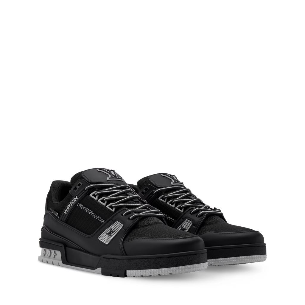 Black LV Trainer distressed sneaker, lace-up with padded collar and chunky white-accent sole