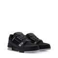 Black LV Trainer distressed sneaker, lace-up with padded collar and chunky white-accent sole