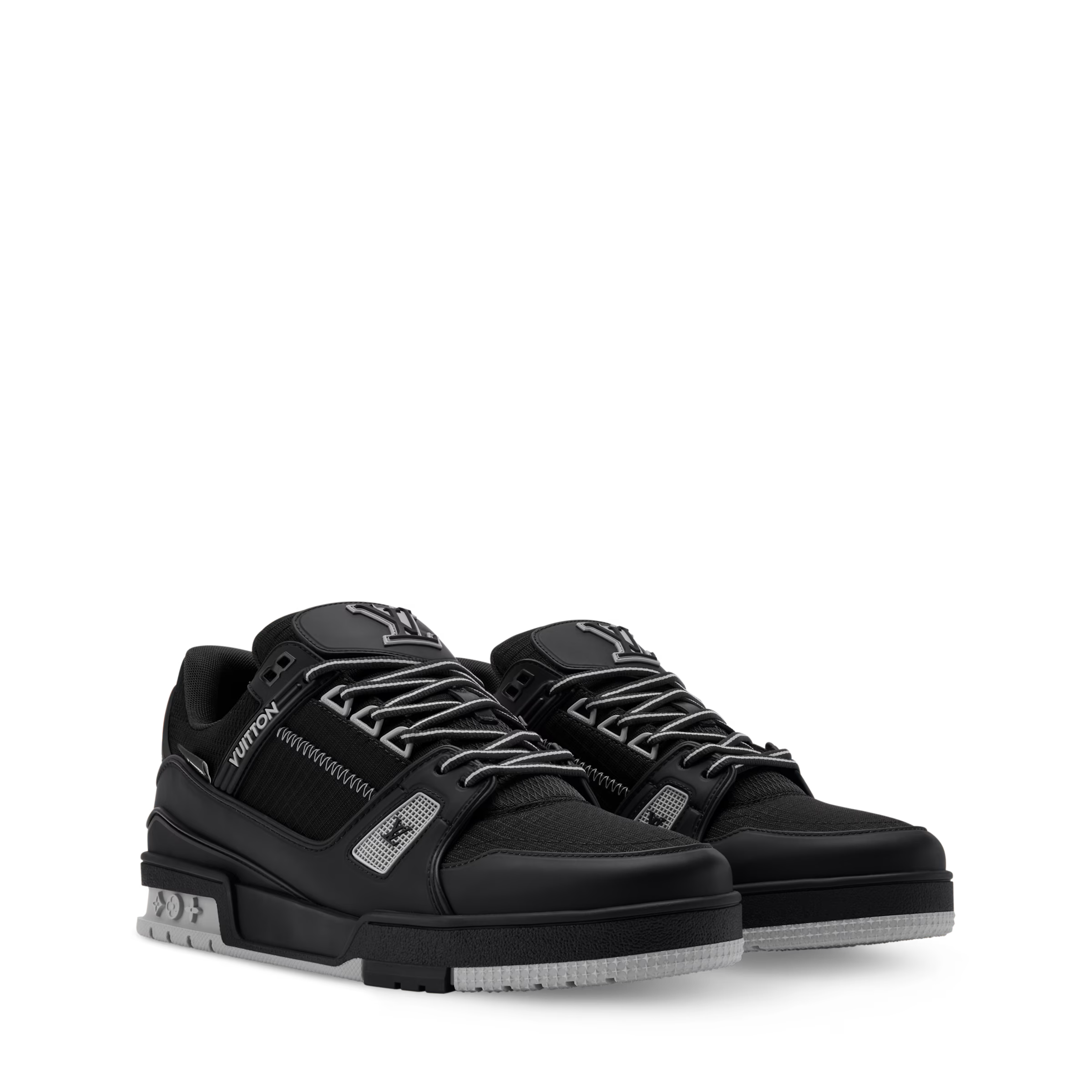Black LV Trainer distressed sneaker, lace-up with padded collar and chunky white-accent sole