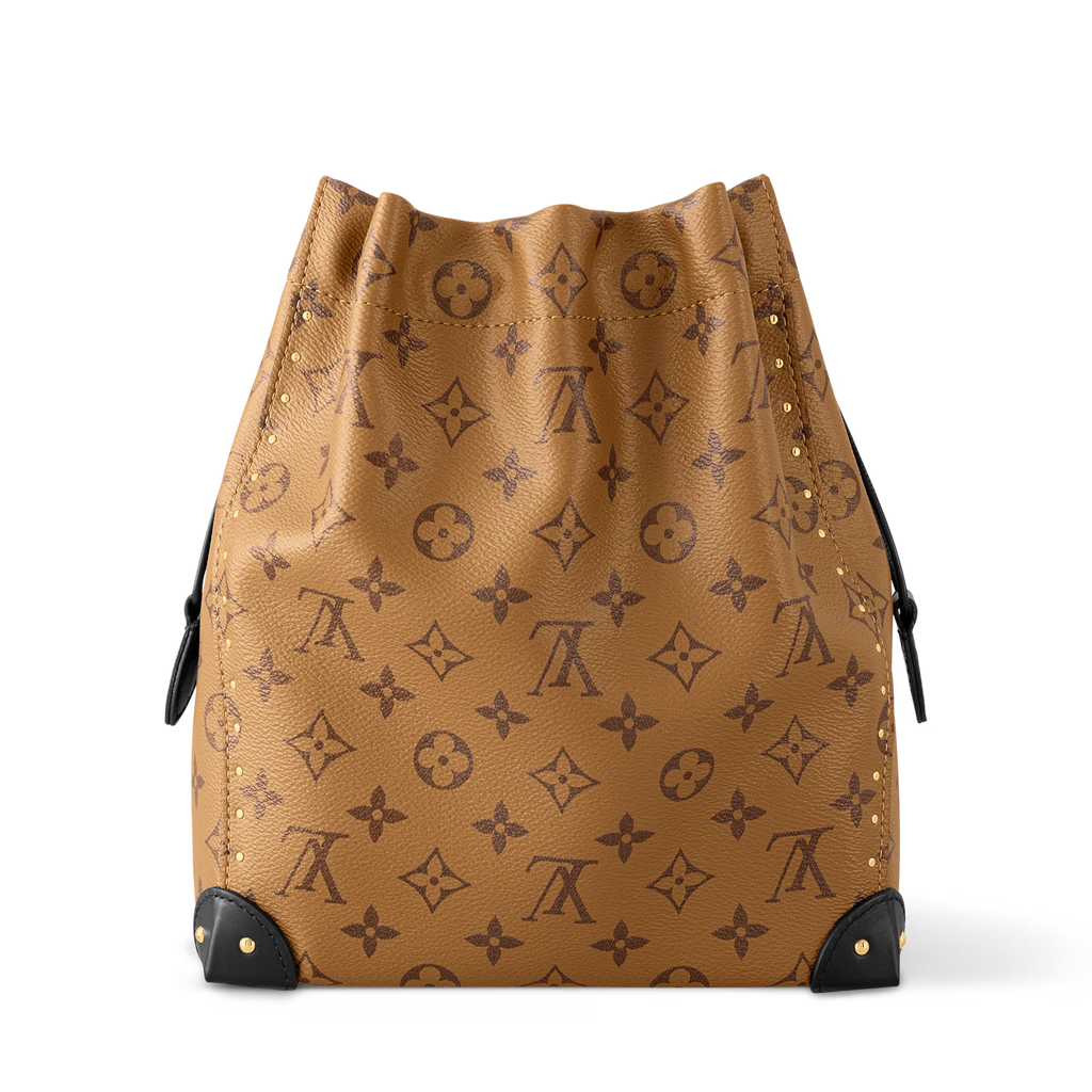Monogram canvas bucket bag with drawstring top and black side leather tabs