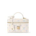 Cream vanity pouch with blue motifs, gold zipper, top handle, detachable chain strap